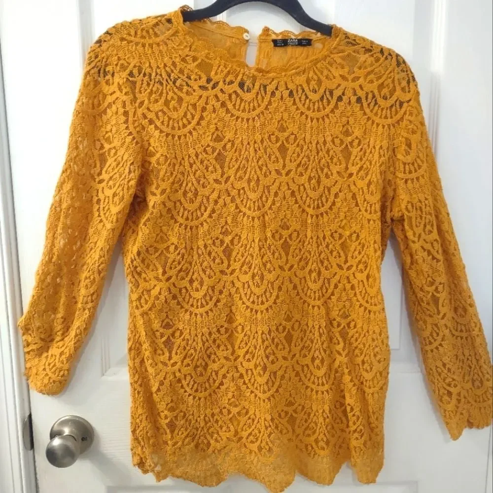 Zara Mustard Yellow Vintage Style Sheer Lace Blouse Size L